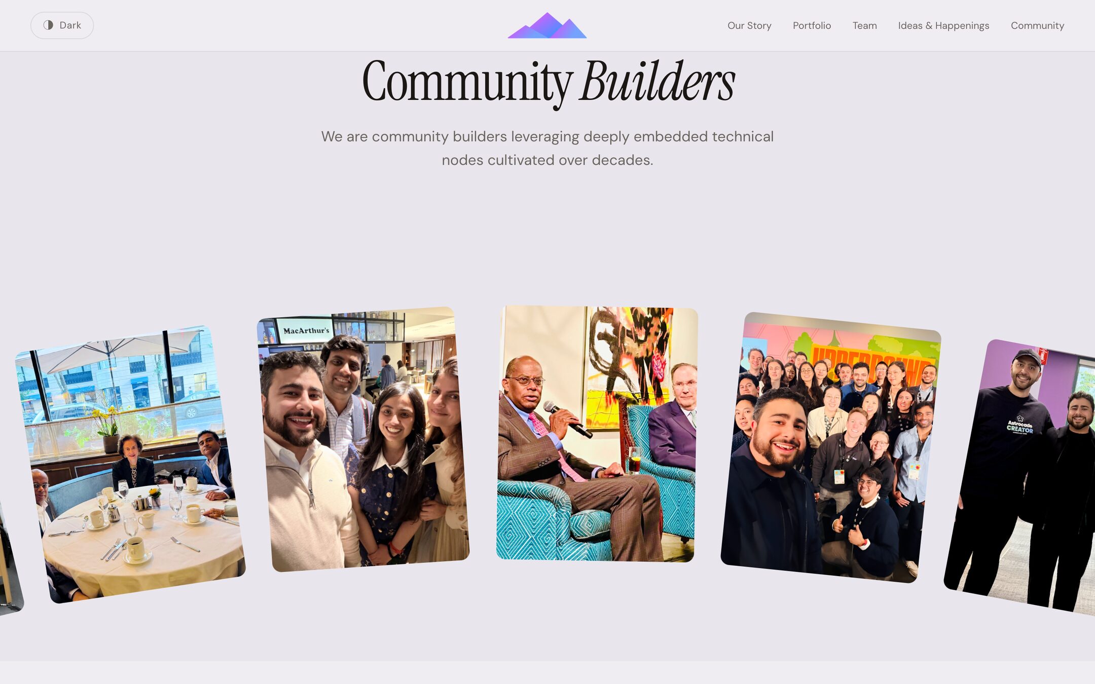 Community photographs fanned out across the page